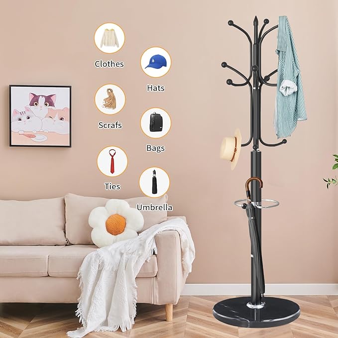 ZOZOE Metal Coat Rack Stand, Modern Coat Rack Freestanding with Natural Marble Base, Sturdy Coat Racks with 12 Hooks & Umbrella Holder,Black Coat Tree Hanger Stand for Bags,Hats,Entryway,Office