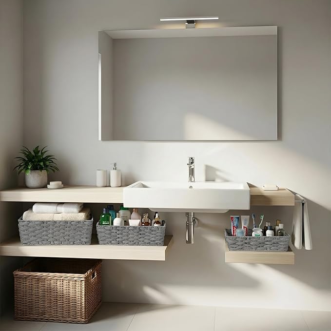 Set of 3 Large Wicker Storage Baskets for Shelves, Wicker Basket for Organizing, Waterproof Woven Baskets for Shelves and Pantry, Toilet, Bathroom, Bedroom, Patio(Gray)