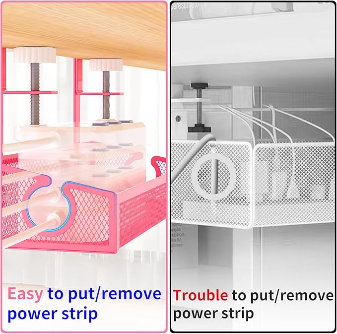 Under Desk Cable Management Tray Black, No Drill Desk Cable Wire Management Organizer with Clamp, PC Cord Organizer Accessories & Workspace for Office, Home（Pink）