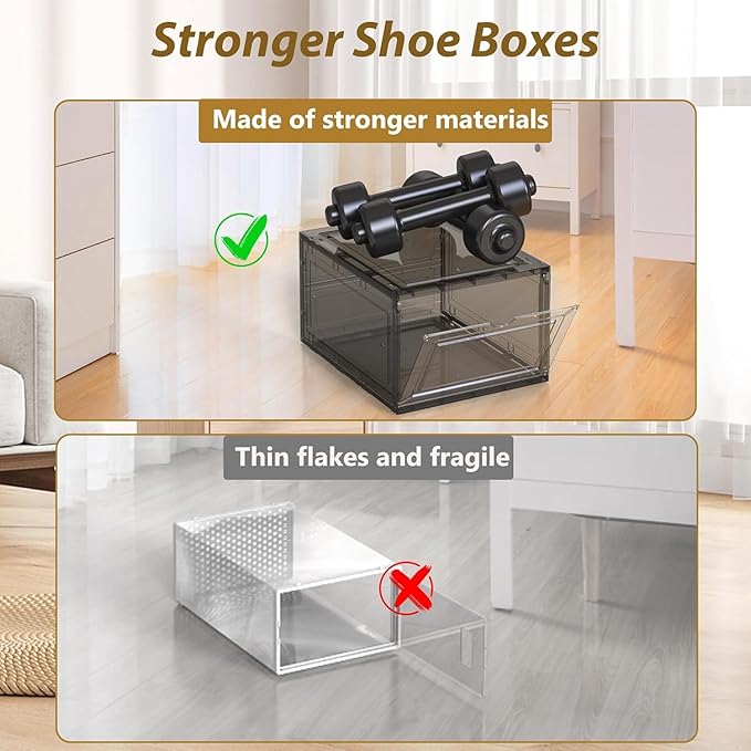 10 Pack Extra XX Large Hard Plastic Clear Stackable Shoe Storage Box Organizer for Closet, Thicken Sturdy Sneaker Shoe Rack Display Case Containers Bins with Lids and Magnetic Door, Grey