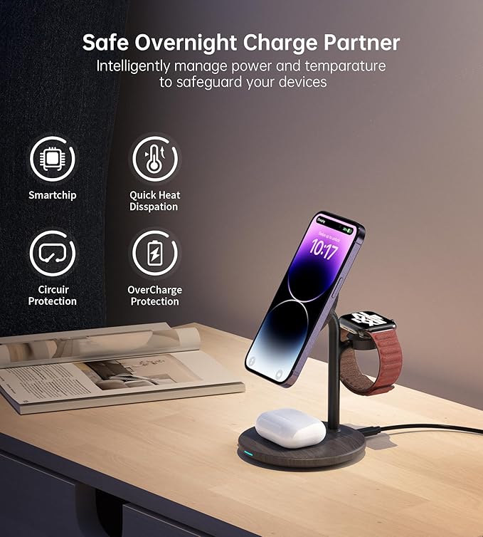 XooFly 3 in 1 Wireless Charging Station for Apple Devices, Fast Wireless Mag-Safe Charger Stand with 20W Adapter for iPhone 17/16 15 14 13 12 Pro Max/Pro/Plus/Air/Mini,iWatch,AirPods(Black Wood Grain)