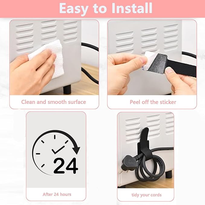 Adhesive Cable Clips – 50 Pack Hook and Loop Cable Ties,Self-Adhesive Cable Management Clips for Under Desk Organization,Sticky-Back Wire Straps for TV, PC, Laptop & Ethernet (Black)