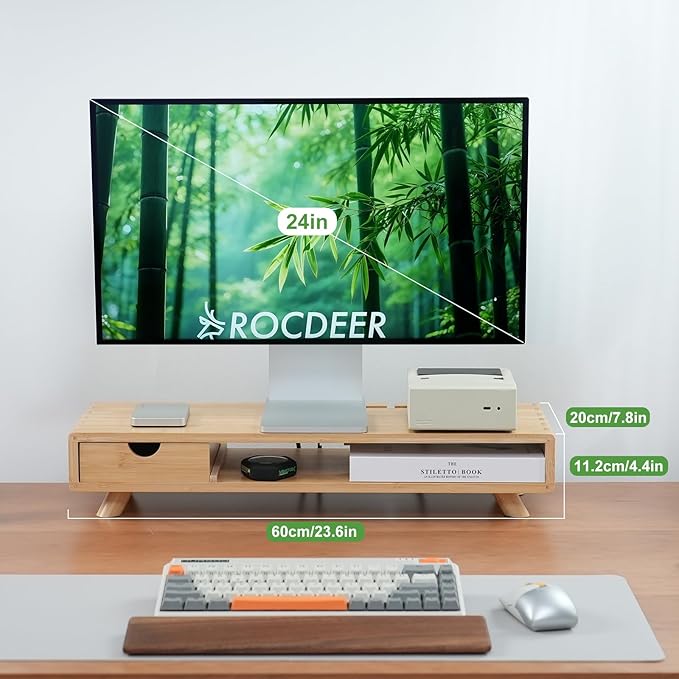 Bamboo Monitor Stand Riser with Drawer, Ergonomic Computer Riser for Desk with Cable Management & Storage Organizer, Wood Monitor Stand for Home Office