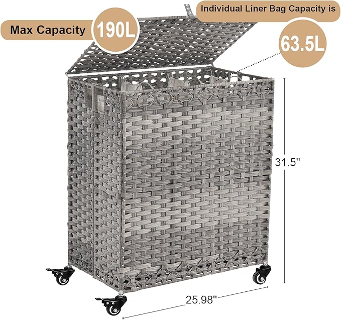 Laundry Hamper with Wheels&Lid, 50.2 Gallons(190L) Rolling Laundry Basket with Wheels, 3-Section Laundry Hamper, Handwoven Rattan Clothes Hamper with 6 Removable Liner& 3 Mesh Laundry Bags, Grey