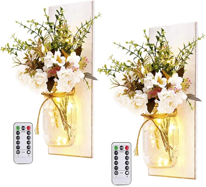 Rustic Wall Sconces Mason Jar Sconces Handmade Wall Art Hanging Design with Remote Control LED Fairy Lights and White Peony, Christmas Decor Gifts Farmhouse Home Decor Living Room Lights Set of Two