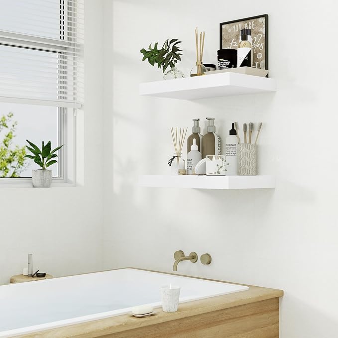 Heimlove 12" Deep White Floating Shelves for Wall, 24 Inch Wall Shelf Bathroom Shelves Set of 1, Mounted Shelves for Books Living Room Laundry Room Bedroom Kitchen Home Office