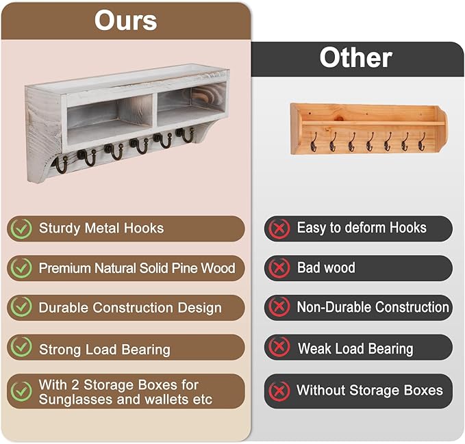 Key Holder Wall Mount - Mail Organizer Wall Mount with 6 Key Hooks and Storage Box for Sunglasses Storage and Dog Leash Holder Home Decor Rack Apartment Farmhouse Shelf Entryway Organizer (White)