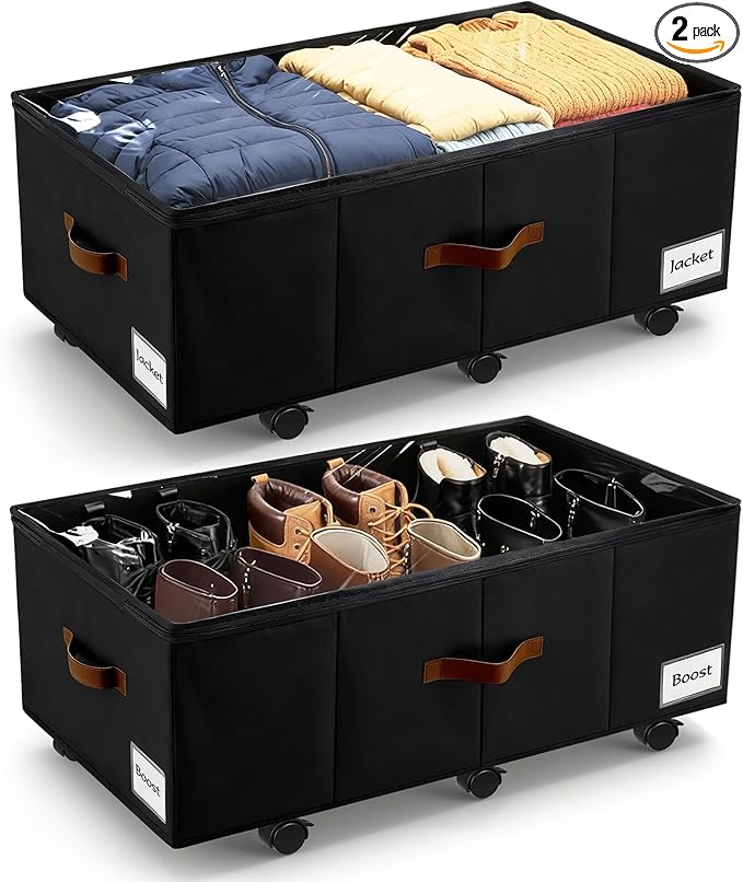 11 inch Under Bed Storage with Wheels, 2-Pack Underbed Storage Containers for College Dorms Bedrooms Organization, Foldable Under Bed Drawers for Comforters, Blankets, Clothes & Shoes, Black