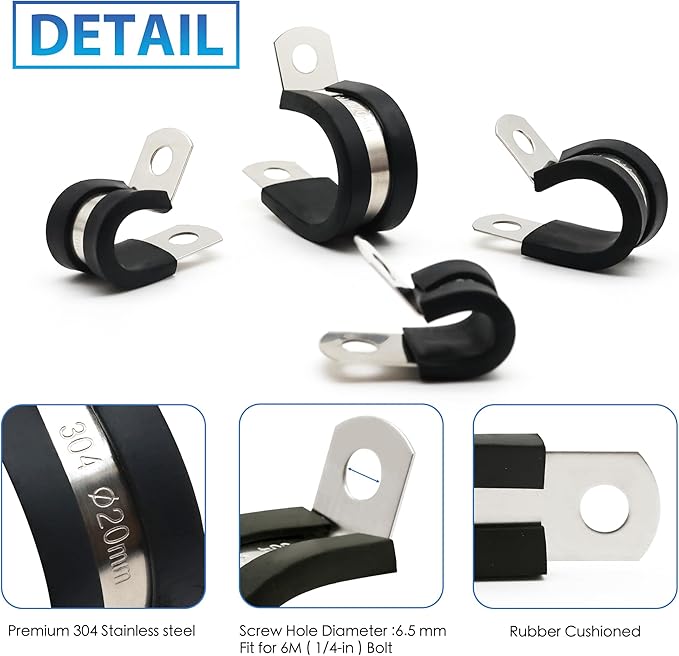 1/2 Inch Cable Clamp - Rubber Clamps for Cable, Wire, Line - Stainless Steel, Wire Clamp - Pipe Clips, Tubing Clamps (25 Pack)