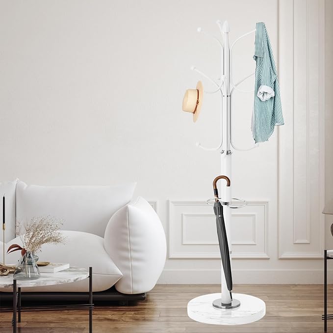 ZOZOE Metal Coat Rack Stand, Modern Coat Rack Freestanding with Natural Marble Base, Sturdy Coat Racks with 12 Hooks & Umbrella Holder,White Coat Tree Hanger Stand for Bags,Hats,Entryway,Office