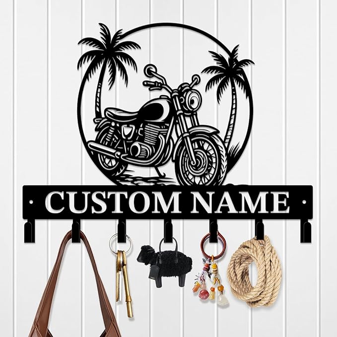 Custom Motorcycle Garage Metal Wall Hooks,Key Holder-Personalized Iron Wall Decor for Keys, Coats & Home (Black, Handmade,Decorative,Entryway, Bedroom,Man Cave) (Style I)