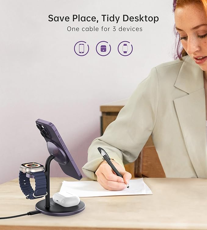 XooFly 3 in 1 Wireless Charging Station for Apple Devices, Fast Wireless Mag-Safe Charger Stand with 20W Adapter for iPhone 17/16 15 14 13 12 Pro Max/Pro/Plus/Air/Mini, iWatch, AirPods(Dark Purple)