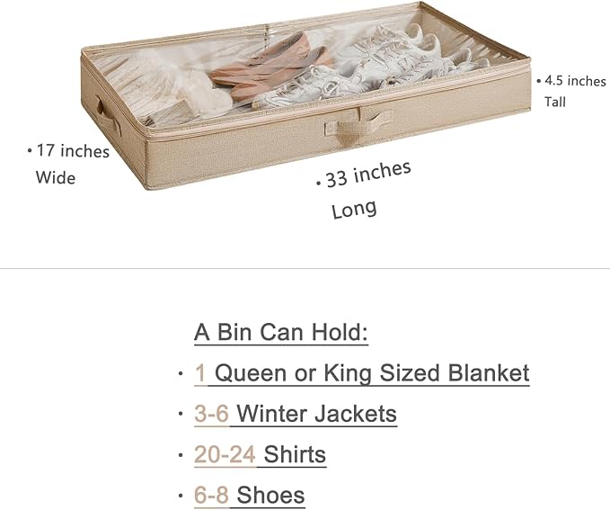 3 Pack Under Bed Storage Containers, Low Profile Underbed Shoes and Clothes Storage Organizer with Sturdy Sidewalls/Bottom, Large Dorm Storage Bins,33 * 17 * 4.5 inches,45L