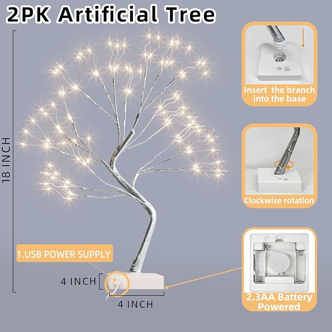 PEIDUO Fairy Lights Spirit Tree, 2PK Bonsai Tree Light, 108 LED Warm White Fairy Light Trees for Room Decor, Artificial Tree with 9 Modes for Christmas Decorations Indoor Home Decor