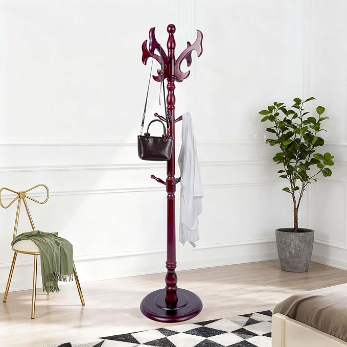 Wooden Coat Rack Freestanding, Creative Antler Hooks, Coat Hanger Stand 14 Hooks, Coat Tree Adjustable Height 73", Round Base, Coat Racks free standing for Entryway Hallway, Porch, Bedroom