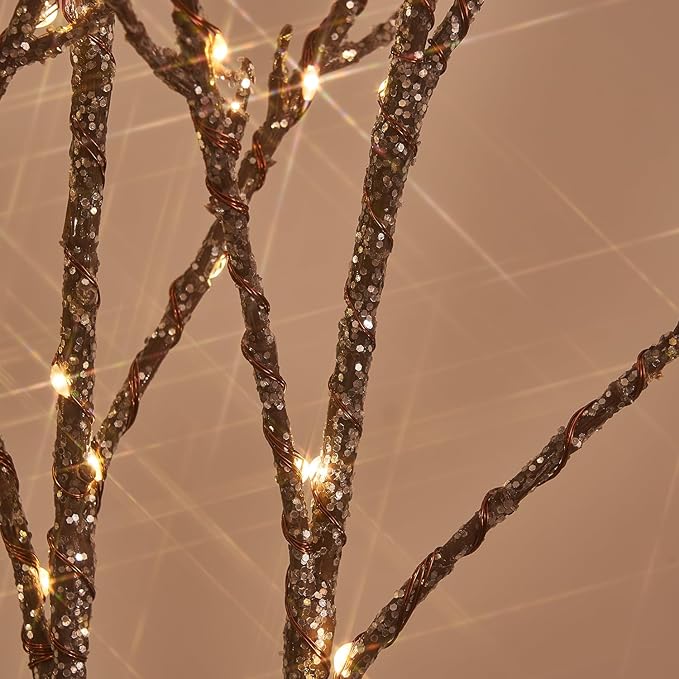 Hairui Lighted Willow Branches Silver Glittered 32IN 120 LED Fairy Lights with Timer, Twig Branch with Lights Battery Operated or USB Plug in for Home Fireplace Room Christmas Holiday Decoration