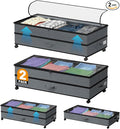 Under Bed Storage with Wheels, 2 Pack Large Capacity Storage Containers with Clear Lids & Handles, Adjustable Height 7.5”–10.6”, Under bed Organizer Bins for Shoes, Clothes, Blankets, Toys (Grey)