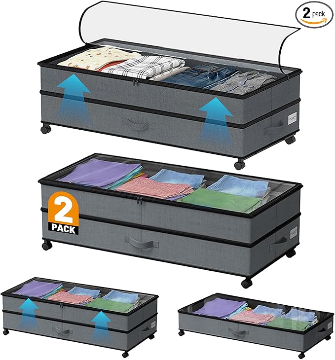 Under Bed Storage with Wheels, 2 Pack Large Capacity Storage Containers with Clear Lids & Handles, Adjustable Height 7.5”–10.6”, Under bed Organizer Bins for Shoes, Clothes, Blankets, Toys (Grey)