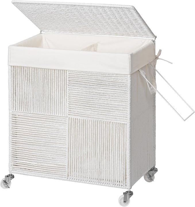 WOWLIVE Double Laundry Hamper with Lid, Handwoven Rolling Laundry Basket with Wheels, 115L Dirty Clothes Hamper with Removable Liner Bag Large Capacity Laundry Sorter Laundry Room Organization,White