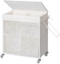 WOWLIVE Double Laundry Hamper with Lid, Handwoven Rolling Laundry Basket with Wheels, 115L Dirty Clothes Hamper with Removable Liner Bag Large Capacity Laundry Sorter Laundry Room Organization,White