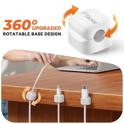 6 Pack Rotatable Cord Organizer,Spring Cable Clips Desk Cable Management Cord Holder Adhesive Phone Charger Cord Clips for Home Office Car Wall Nightstand Accessories White