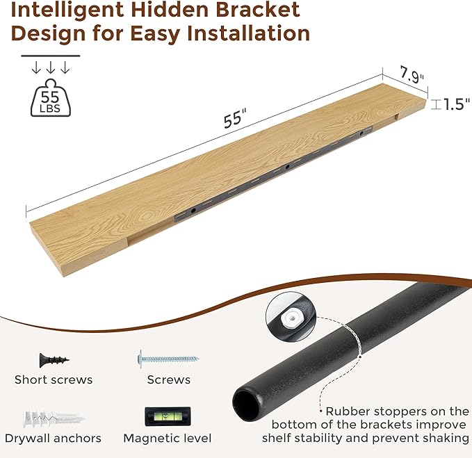 Heimlove 55 Inch Floating Shelves for Wall 8 Inch Deep Oak Shelves Set of 2,Wall Mounted Rustic Wood Long Floating Shelf，Large Extra Display & Storage Shelf with Invisible Brackets