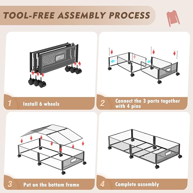 Under Bed Storage with Wheels, 31.5in / 35L Large Rolling Underbed Storage, Underbed Drawer on Wheels, Tool-free Assembly Metal Under Bed Drawers Organizer Container for Bedroom Shoes Clothes Toys