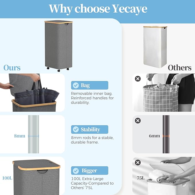 Yecaye 100L Large Capacity Laundry Hamper – Foldable Rolling Laundry Basket, Mobile Clothes Hamper with Wheels, Removable Inner Bag, Bamboo Handle Lid Laundry Bin – Multi-Use Storage,Grey