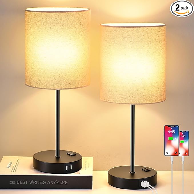 【Upgraded】Set of 2 Touch Beige Table Lamps with 2 USB Ports & AC Outlet, 3-Way Dimmable Bedside Nightstand Lamps for Living Room Nursery Office Bedroom, 800 Lumens 2700K Warm Bulbs Included