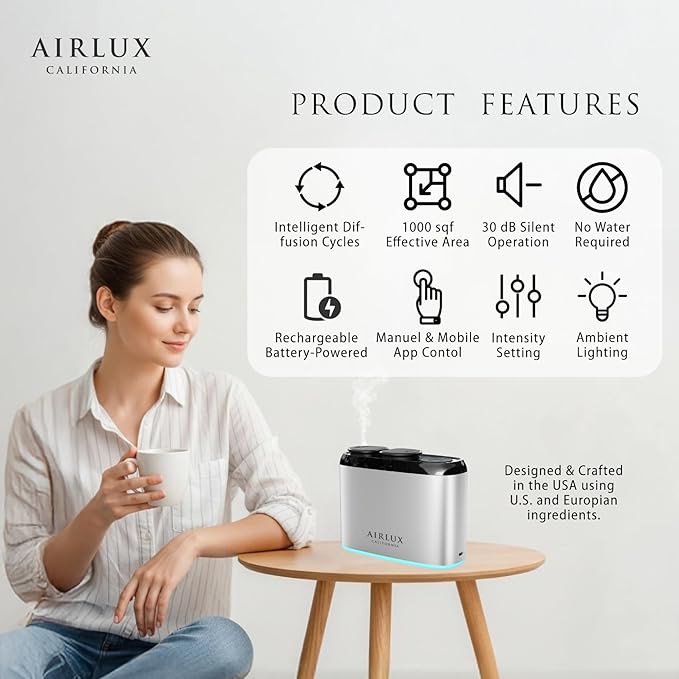Mars 100 Smart Scent Diffuser, Elixair 3X Cold Air Essential Oil Diffuser up to 800 sq ft Coverage Home, Office, Bathroom, Living Room Decor, Dual 50ml Tanks, Battery Powered (Silver)