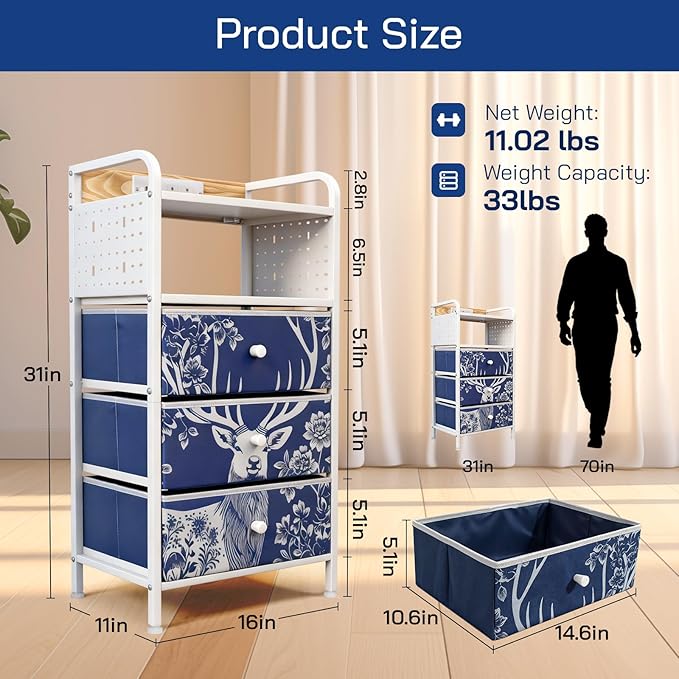 YCY Nightstand with Charging Station, Sturdy Metal Frame Bedside Table, 3 Wax-Dyed Fabric Drawers, Open Storage Shelf, Built-in USB Ports and Dual Outlets for Bedrooms,Living Room