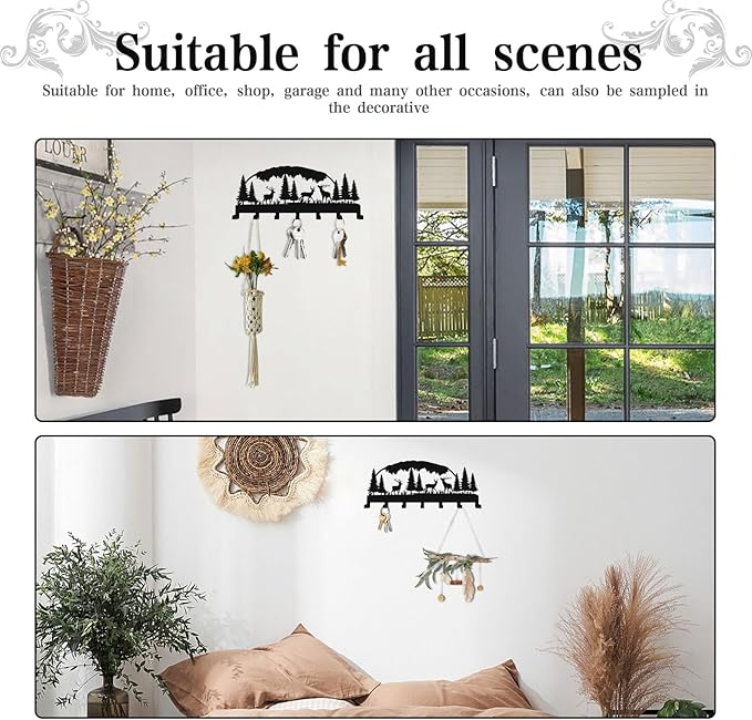 Metal Key Holder, Wall Mounted Key Hooks, Key Holder for Wall, Key Organizer Rack with 7 Hooks, Key Hanger Decor for Kitchen, Entryway, Hallway, Bedroom, Doorway (Deer Grove12IN)