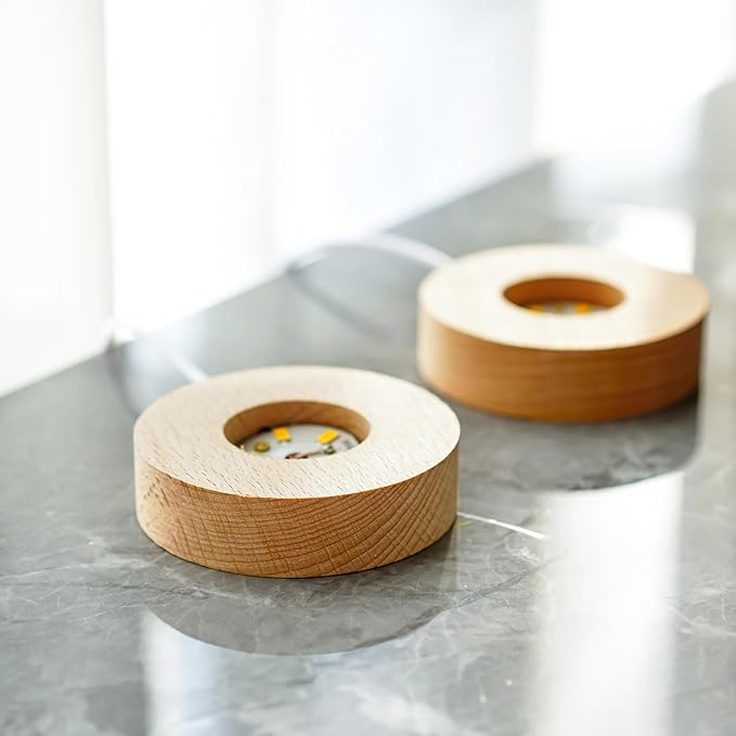 ZEERSHEE 2Pcs Led Wood Display Stand for 3D Crystal Glass 2.7in Resin Art Light Wooden Lamp Base for Crystals LED Round Display Pedestal