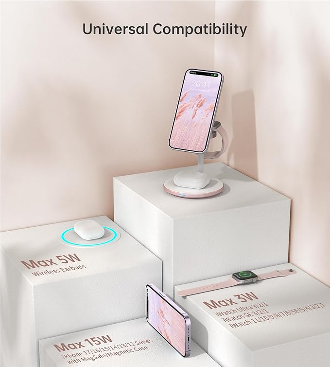 XooFly 3 in 1 Wireless Charging Station for Apple Devices, Fast Wireless Mag-Safe Charger Stand with 20W Adapter for iPhone 17/16 15 14 13 12 Pro Max/Pro/Plus/Air/Mini, iWatch, AirPods (Pink)
