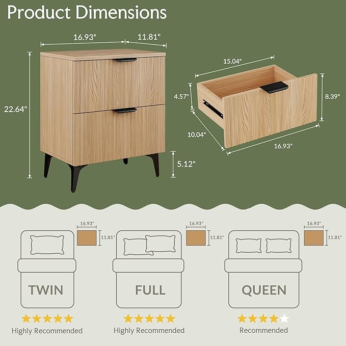 Wood Night Stand Set 2 Fluted Dresser for Bedroom 2 Drawers End Tables Nightstands Set of 2, Storage Modern Bedside Table Set of 2, Oak Nightstand