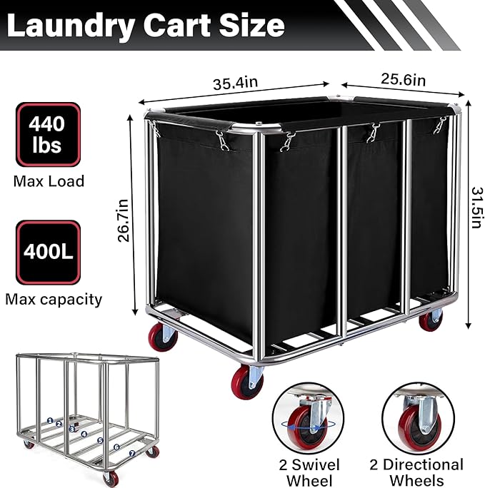Commercial Laundry Cart with Wheels, 400L Capacity Heavy Duty Large Laundry Basket with Watertight Oxford Bag and Sturdy Steel Frame for Home, Hotel,Hospital,440 lbs(Black)