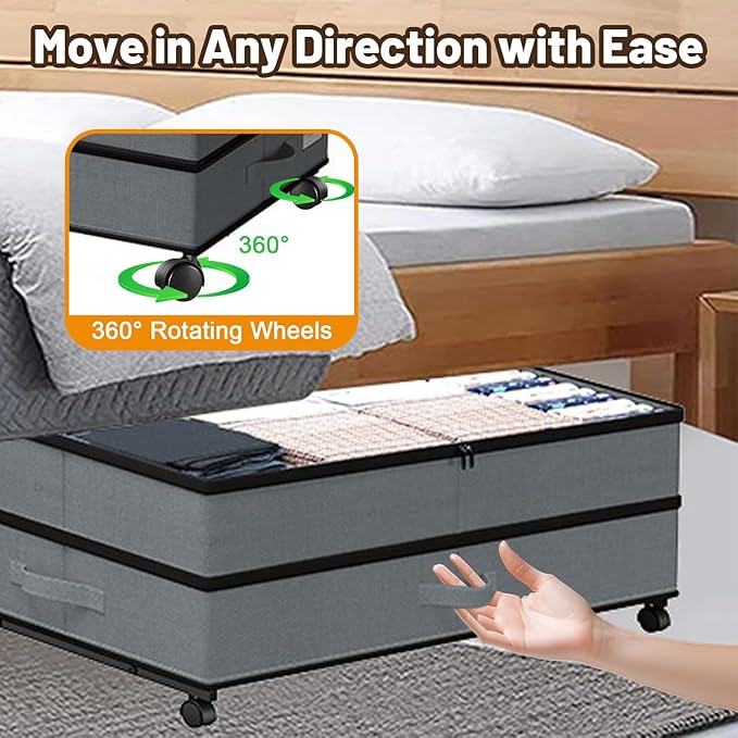 Under Bed Storage with Wheels, 2 Pack Large Capacity Storage Containers with Clear Lids & Handles, Adjustable Height 7.5”–10.6”, Under bed Organizer Bins for Shoes, Clothes, Blankets, Toys (Grey)