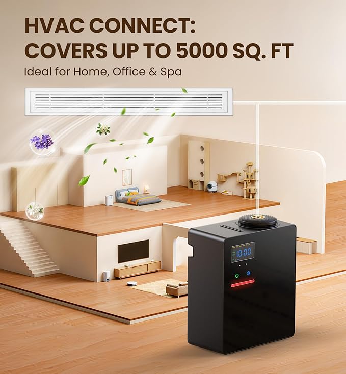 Waterless Essential Oil Diffuser 5000 Sq.Ft Coverage for Large Home, Hotel, or Office, 200ml Cold Air Scent Diffuser Machine with Bluetooth App Control, Quiet No-Heat HVAC Fragrance Diffuser