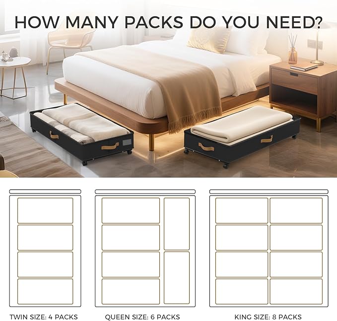 Under Bed Storage with Wheels 4-Pack, 75L XXL Under the Bed Storage Containers Large, 12" Tall Adjustable Storage for Underbed with Lids, Rolling for Shoes, Clothes, Blankets (4PCS-Black)