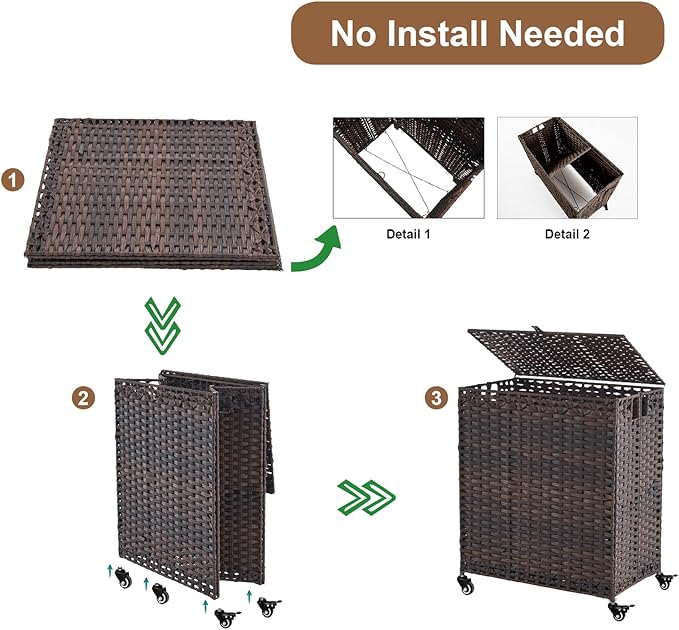 Laundry Hamper with Wheels&Lid, 50.2 Gallons(190L) Rolling Laundry Basket with Wheels, 3-Section Laundry Hamper, Handwoven Rattan Clothes Hamper with 6 Removable Liner& 3 Mesh Laundry Bags, Brown