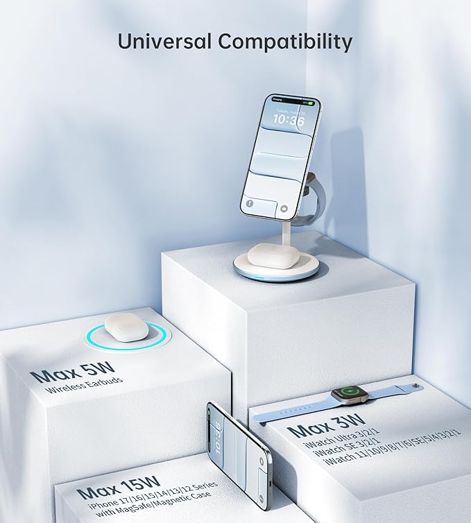 XooFly 3 in 1 Wireless Charging Station for Apple Devices, Fast Wireless Mag-Safe Charger Stand with 20W Adapter for iPhone 17/16 15 14 13 12 Pro Max/Pro/Plus/Air/Mini, iWatch, AirPods (Light Blue)