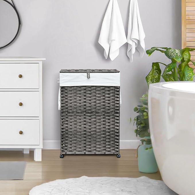 70L Slim Laundry Hamper with Lid & Wheels, Rolling Laundry Basket with 2 Removable Liner Bags & 3 Mesh Bags, Narrow Dirty Clothes Basket, Foldable Handwoven Rattan Laundry Sorter, Grey
