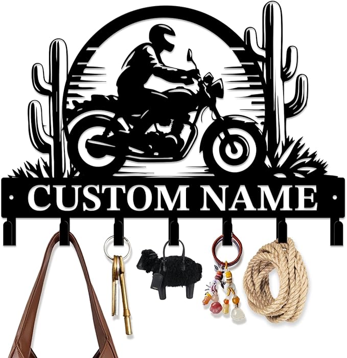 Custom Motorcycle Garage Metal Wall Hooks,Key Holder-Personalized Iron Wall Decor for Keys, Coats & Home (Black, Handmade,Decorative,Entryway, Bedroom,Man Cave) (Style D)