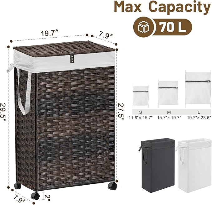 70L Slim Laundry Hamper with Lid & Wheels, Rolling Laundry Basket with 2 Removable Liner Bags & 3 Mesh Bags, Narrow Dirty Clothes Basket, Foldable Handwoven Rattan Laundry Sorter, Brown