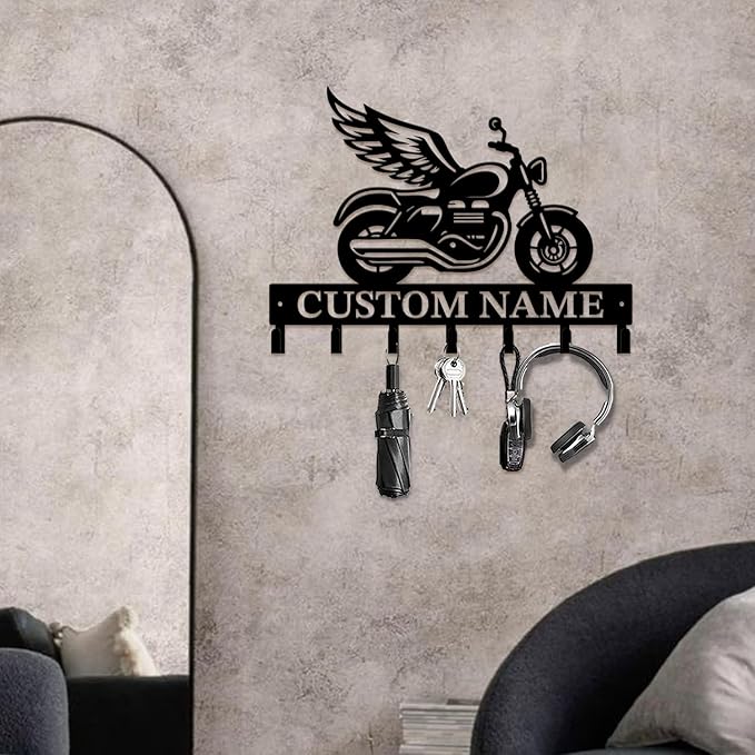 Custom Motorcycle Garage Metal Wall Hooks,Key Holder-Personalized Iron Wall Decor for Keys, Coats & Home (Black, Handmade,Decorative,Entryway, Bedroom,Man Cave) (Style A)