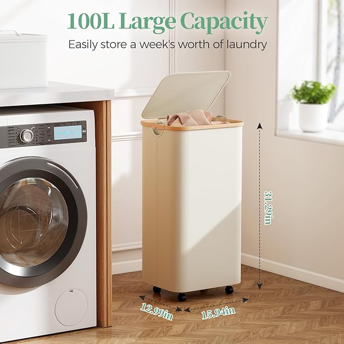 Yecaye 100L Large Capacity Laundry Hamper – Foldable Rolling Laundry Basket, Mobile Clothes Hamper with Wheels, Removable Inner Bag, Bamboo Handle Lid Laundry Bin – Multi-Use Storage,Beige
