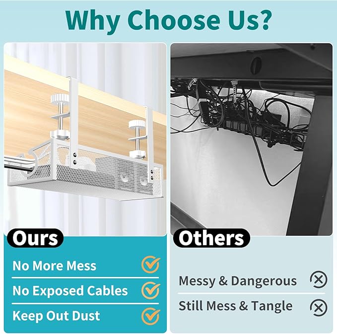 Under Desk Cable Management Tray White, No Drill Desk Cable Management Organizer with Clamp for Desk Wire Management, Desk PC Cord Organizer Accessories & Workspace Organizers for Office, Home(2 Pack)