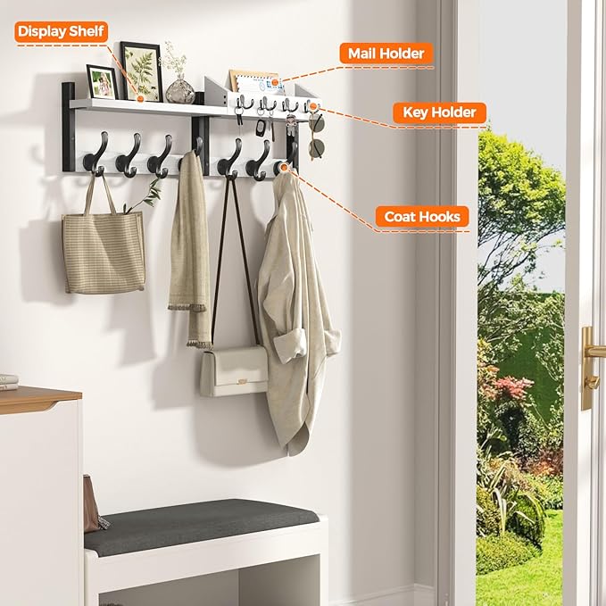 Evermagin 29" Coat Rack Wall Mount with Shelf, 4 in 1 Coat and Key Hanger with 11 Metal Hooks, Entryway Wall Mounted Shelf with Mail Holder for Living Room, Bedroom, White