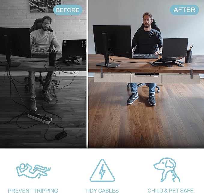 Under Desk Cable Management Tray,No-Drill Upgraded Thickened Felt Cord Organizer with Clamp or Screw Mount,Cable Holder for Standing Desk,Home Or Office(Beige, 47.2")