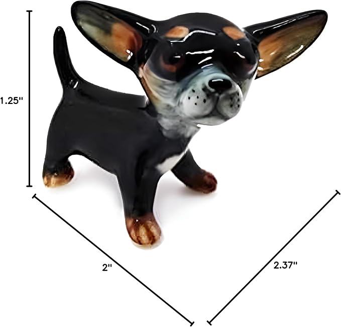 WitnyStore 2⅜" Black Stand Big Head Chihuahua Dog Ceramic Figurine for Terrarium Decoration Collectible Statue for Adult Collectors Handcrafted Porcelain Ornament Sculpture Home Room Tabletop Decor